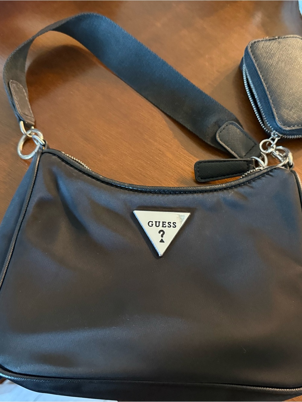 GUESS Black Nylon Shoulder Bag with Silver Triangle Logo